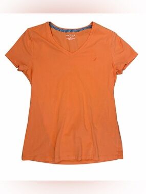 Nautica Orange Short Sleeve Tee V-neck Women Size M